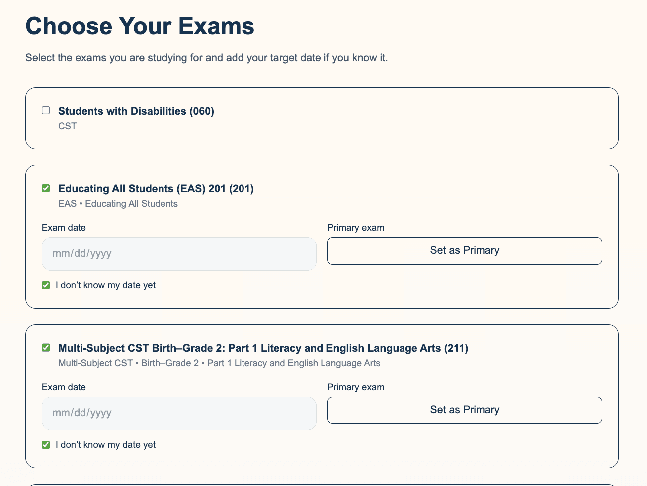 Example of choosing exams in StudyBuddyCST